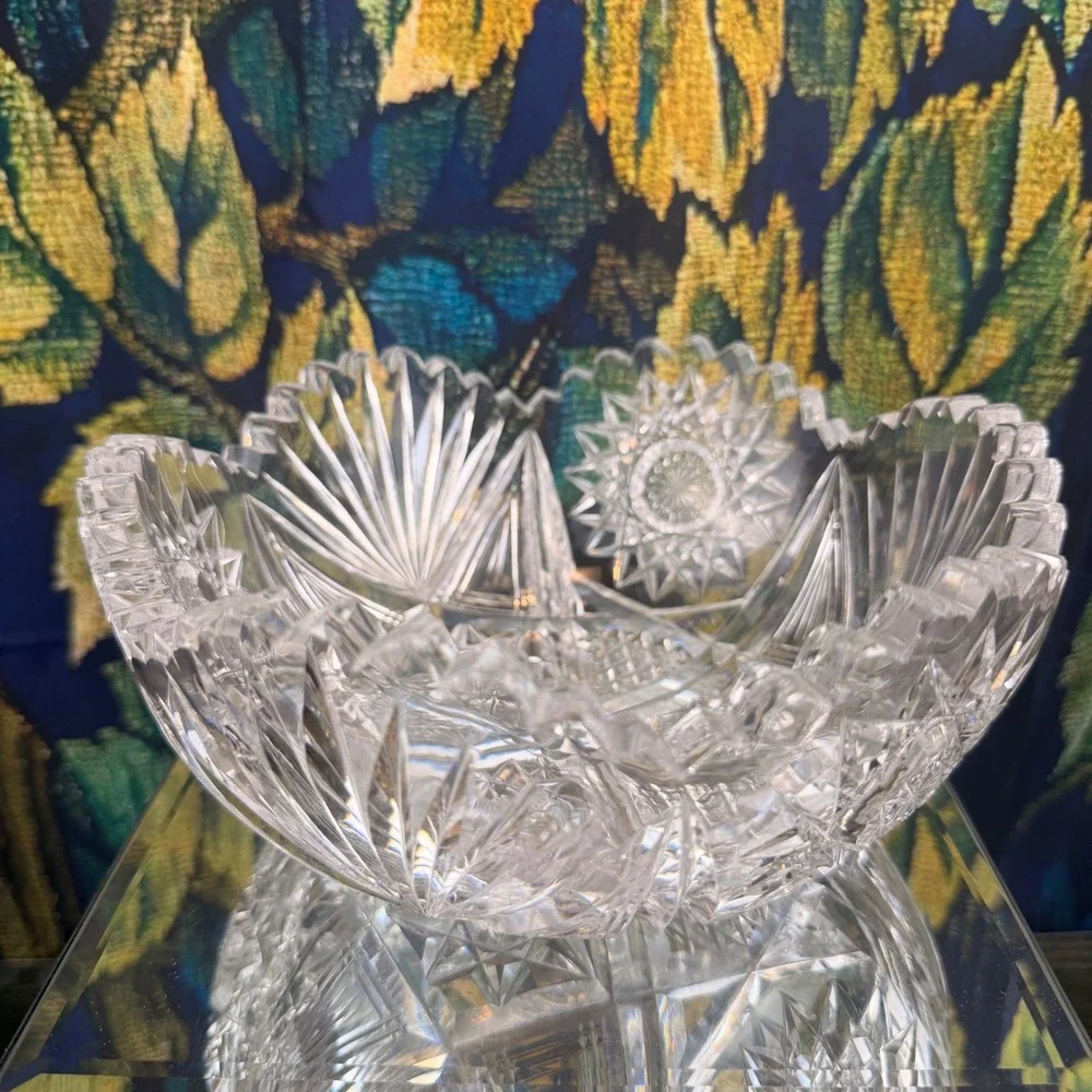 Vintage American Brilliant Period Cut Glass Bowl Hobstar Sawtooth‎ Rim 8 Inch